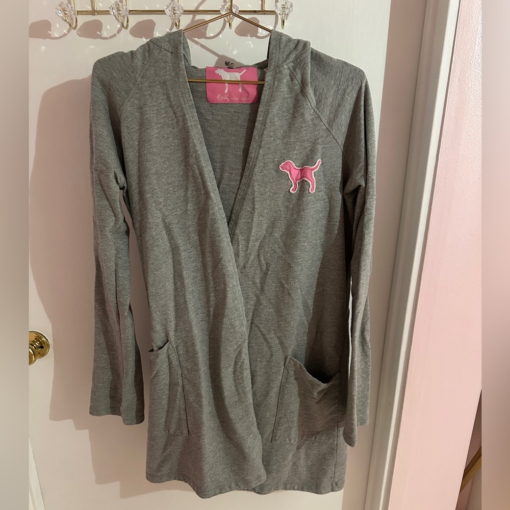 VINTAGE VICTORIAS SECRET PINK 100%COTTON GREY HOODED ROBE - Picture 3 of 16